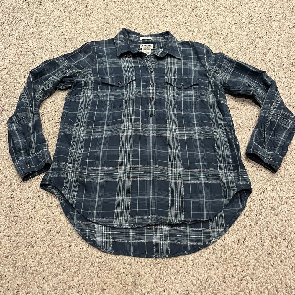 Ariat Flannel Popover Long Sleeve Shirt M Relaxed Teal Metallic Western Rodeo